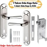 Badem10 Kumru Nikel Saten Oda Kapı Kolu + Hok ER-40 Ekstra Gömme Kilit İç Kapı Oda Kilidi Rulmanlı Köşeli 40 mm Takım