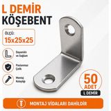 Badem10 L Demir Gönye 15X25X25 mm Oval Başlı 50 Adet Set Dayanıklı Metal Köşebent Vida Dahil Montaj Aparatı - Gri