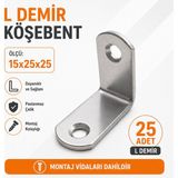 Badem10 L Demir Gönye Oval Başlı (25 Adet) 15X25X25 mm Köşebent Seti Dayanıklı Demir Mobilya Raf Aparatı - Gri