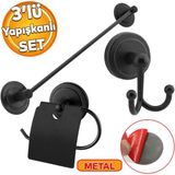 Badem10 Lavabo Banyo Wc Yapışkanlı Siyah Metal Sağlam Aparat Bez Havlu Çatal Askı Tuvalet Kağıtlık 3'lü Set