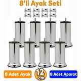 Badem10 M8 Civata Krom Ayak 12 cm 8 Adet Mobilya Kanepe Baza Koltuk Destek Ayağı