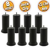Badem10 M8 Civatalı İnce Diş Siyah Metal Ayak 12 cm 8 Adet Mobilya Baza Metal Kanepe Koltuk Destek Ayağı