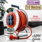 Badem10 Makaralı Seyyar Kablo Kapaklı 4 Prizli Metal Uzatma Kablosu 3x1.5 mm CCA Kablo 50 Metre