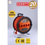 Badem10 Makaralı Uzatma Kablosu 3x2.5 mm 20 Metre Plastik Seyyar Makara 4 Prizli Monofaze Termal Sigortalı