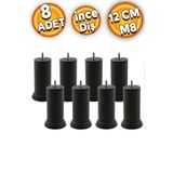 Badem10 Mobilya Baza Kanepe Koltuk Çekyat Yükseltme Ayağı Ince Diş M8 Siyah Metal Ayakları 12cm 8 Adet