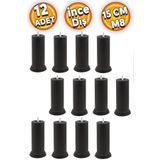 Badem10 Mobilya Baza Kanepe Koltuk Çekyat Yükseltme Ayağı M8 Ince Diş Siyah Ayakları 15 Cm Metal (12 ADET)