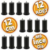 Badem10 Mobilya Baza Kanepe Koltuk Çekyat Yükseltme Ayağı M8 Ince Diş Siyah Metal Ayakları 12 Cm (12 Adet)