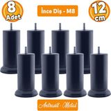 Badem10 Mobilya Baza Metal Antrasit 12 cm M8 Ince Diş Kanepe Koltuk Çekyat Yükseltme Ayağı Ayakları 8 Adet