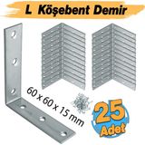 Badem10 Mobilya Dolap Duvar Sabitleme 25 Adet Metal Köşebent 60X60X15 mm Bağlantı Aparatı L Demiri Gönye - Gümüş