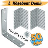 Badem10 Mobilya Dolap Duvar Sabitleme 50 Adet Metal Köşebent 60X60X15 mm Bağlantı Aparatı L Demiri Gönye - Gümüş