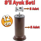 Badem10 Mobilya Kanepe Baza Koltuk Destek Ayağı M8 Civata 12 cm Kahverengi Ayak + 8'li Set Bağlantı Aparatı