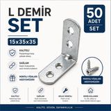 Badem10 Oval Başlı L Demir Gönye 15X35X35 mm 50 Adet Set Vida Dahil Güçlü Köşe Sabitleme Aparatı - Gri