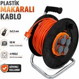 Badem10 Plastik Makaralı Kablo 3x2,5 mm 50 Metre Turuncu IP44 Korumalı 4 Prizli Seyyar Uzatma Kablo Makarası - Turuncu - Siyah