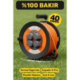 Badem10 Plastik Makaralı Kablo Uzatma Kablosu % 100 BAKIR 40 Metre 3x2.5 mm Termal Sigortalı Seyyar 4 Prizli