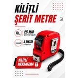 Badem10 Plastik Şerit Metre Çift Kilitli Kırmızı 5 Metre 25 mm Dayanıklı Gövde Hassas Ölçüm Ölçü Metresi