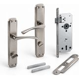 Badem10 Sağa Açılır Wc Banyo Kapı Kolu Aynalı Nikel Inox 1 Takım + Sessiz Gömme Kilit 40 mm 1 Adet Kilit Set