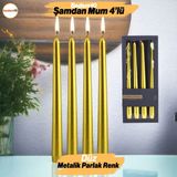 Badem10 Şamdan Mum 4'lü Metalik Boya Gold Dekoratif Mumu Kandil Fitilli Mumluk Parlak Altın 25 cm - 1 Adet