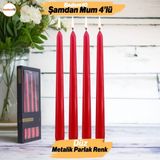 Badem10 Şamdan Mum 4'lü Metalik Boya Kırmızı Dekoratif Mumu Kandil Fitilli Mumluk Kırmızı 25 cm - Ateş Kırmızısı - 1 Adet