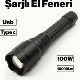 Badem10 Şarjlı Güçlü LED El Feneri 10000 Lümen 100W Type C USB Uzun Menzilli Profesyonel Kamp Gece Feneri - Siyah