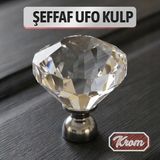 Badem10 Şeffaf Kristal Görünümlü Krom Saplı Ufo Düğme Mobilya Dolap Çekmeceler Için Şeffaf Düğme Kulp - Metal ve Kristal - Tek Vidalı