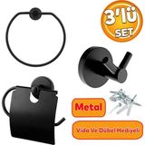 Badem10 Siyah Metal Sağlam Aparat Vidalı Lavabo Banyo Wc Bez Havlu Çatal Askı Tuvalet Kağıtlık 3'lü Set