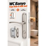 Badem10 Sola Açılır Wc Banyo Kapı Kolu Aynalı Nikel Inox 1 Takım + Sessiz Gömme Kilit 40 mm 1 Adet Kilit Set