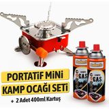 Badem10 Taşınabilir Mini Tek Gözlü Portatif Kendinden Manyetolu Kamp Ocağı Kırmızı + 2 Adet 400 ml Kartuş ile Hafif Kullanım