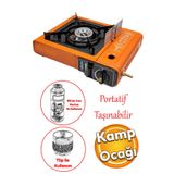 Badem10 Taşınabilir Portatif Kamp Ocağı Tek Gözlü Turuncu Renk Kartuşlu Tüp Bağlantılı Gezi Piknik Ocak