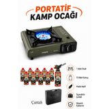 Badem10 Taşınabilir Portatif Kamp Ocağı Tekli Tek Gözlü Yeşil 10'lu Gaz Kartuşlu Çantalı Ocak Gezi Piknik