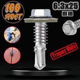 Badem10 Trapez Çatı Vidası 6.3x25 mm Paket 100 ADET Matkap Uçlu Sac Akıllı Vida Çatı Panel Metal Ağaç Vidası