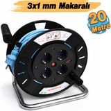 Badem10 Uzatma Kablosu 3x1 mm 20 Metre Plastik Makaralı 4 Prizli Monofaze Seyyar Cca Alüminyum Alaşım Kablo - Mavi