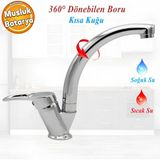 Badem10 Vista Mix Kısa Batarya Krom Lavabo Banyo Mutfak Musluğu Musluk Mermer Tezgah Üstü Çift Su Giriş Evye