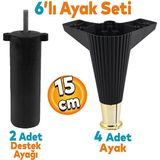 Badem10 Wetra Line 6'lı Set Mobilya Tv Ünitesi Çekyat Koltuk Kanepe Destek Yükseltici Ayağı Ayakları 15 cm Siyah Altın M8 Civata