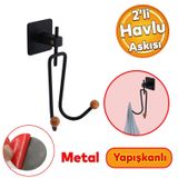 Badem10 Yapışkanlı Siyah Metal Uzun Çatal 2'li Askılık Sağlam Banyo Lavabo Aparat Bornoz Havlu Asma Askı