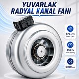 Badem10 Yuvarlak Kanal Tipi Eğimli Radyal Fan Aspiratör Havalandırma Fanı 250 mm 875 M³/h 100 W 230 V IP44