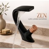 Badem10 Zen Şelale Tipi Kısa Lavabo Bataryası Mat Siyah & Rose Gold Lüks Tasarım Pirinç Gövde 20 cm Banyo - Mat Siyah - Rose Gold