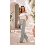 BADESSA Kadın Gri Şık Yüksek Bel Palazzo Keten Müslin Comfort Pantolon Geniş Paça