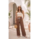 BADESSA Kadın Kahverengi Şık Yüksek Bel Palazzo Keten Müslin Comfort Pantolon Geniş Paça