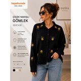 Badiva Fashion Badiva Kadın Çiçek Nakışlı Oversize Gömlek %100 Pamuk Rahat Kalıp Uzun Kollu Gömlek - Siyah