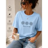 Badiva Fashion Kadın Oversize Papatya Baskılı Crop Tişört – Pamuklu Rahat Kalıp Basic Tshirt - Açık Mavi