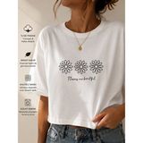 Badiva Fashion Kadın Oversize Papatya Baskılı Crop Tişört – Pamuklu Rahat Kalıp Basic Tshirt - Beyaz