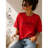 Badiva Fashion Kadın Oversize Papatya Baskılı Crop Tişört – Pamuklu Rahat Kalıp Basic Tshirt - Kırmızı