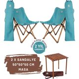 Bag The Joy Ahşap Katlanır Kamp Masa Sandalye Seti 50x50x50 cm | Çantalı | Kahverengi – Turkuaz