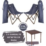 Bag The Joy Ahşap Katlanır Kamp Masa Sandalye Seti 60x60x55 cm | Çantalı | Antrasit – Lacivert