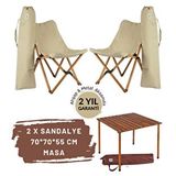 Bag The Joy Ahşap Katlanır Masa Sandalye Seti Kahverengi Iskelet Bej Kılıf, 70x70x55 Masa Kahverengi -Bej