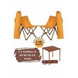 Bag The Joy Ahşap Katlanır Masa Sandalye Seti Kahverengi Iskelet Hardal Kılıf -60x60x55 Masa Kahverengi - Hardal
