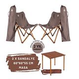 Bag The Joy Ahşap Katlanır Masa Sandalye Seti Kahverengi Iskelet Koyu Gri Kılıf, 60x60x55 Masa Kahverengi - Gri