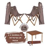 Bag The Joy Ahşap Katlanır Masa Sandalye Seti Kahverengi Iskelet Koyu Gri Kılıf, 70x70x55 Masa Kahverengi - Gri