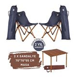 Bag The Joy Ahşap Katlanır Masa Sandalye Seti Kahverengi Iskelet Lacivert Kılıf, 70x70x55 Masa Kahverengi - Lacivert