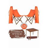 Bag The Joy Ahşap Katlanır Masa Sandalye Seti Kahverengi Iskelet Turuncu Kılıf -70x70x55 Masa Kahverengi - Turuncu
